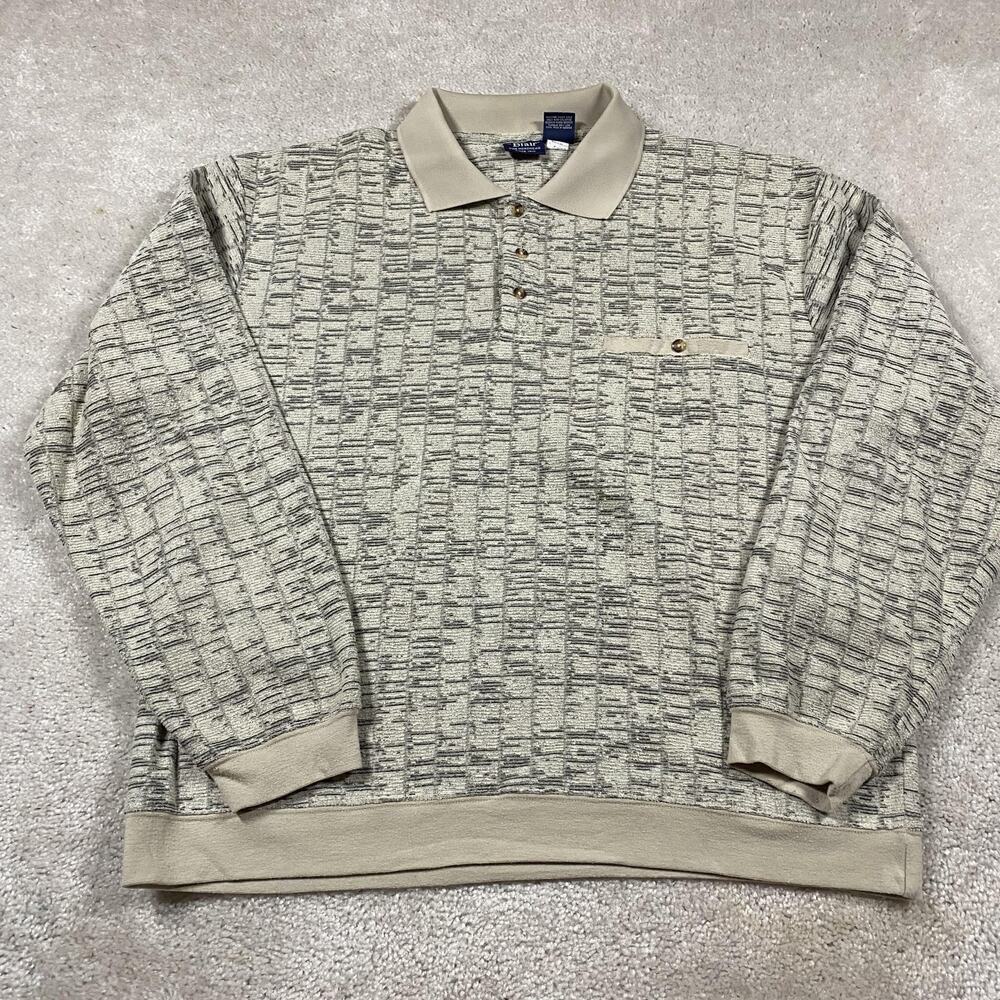 VTG John Blair Sweater Mens XL Beige Poly Rayon Collared Polo Pullover Geometric